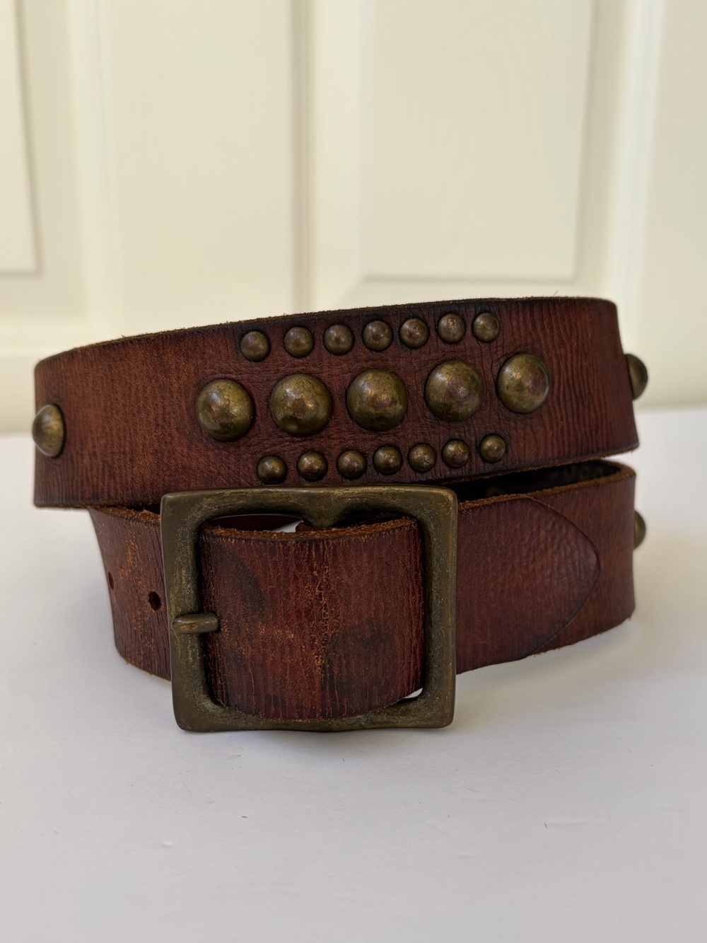 Gap Vintage Genuine Brown Leather Statement Belt Brass Studs Size M Rodeo Boho